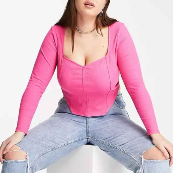ASOS DESIGN Curve rib fitted corset top with ultra wide neck in bright pink - Picture 2 of 4